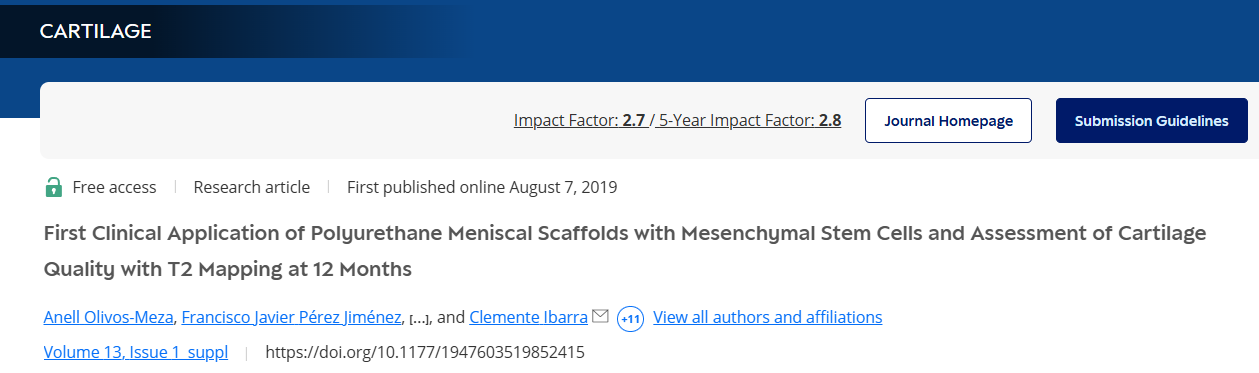 聚氨酯半月板支架與間充質(zhì)干細(xì)胞的首次臨床應(yīng)用以及12個(gè)月時(shí)T2映射對(duì)軟骨質(zhì)量的評(píng)估