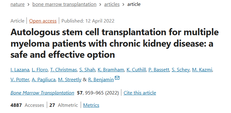自體干細(xì)胞移植治療患有慢性腎病的多發(fā)性骨髓瘤患者：一種安全有效的選擇
