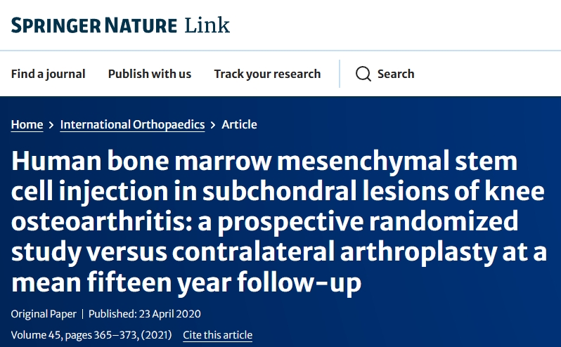 人骨髓間充質(zhì)干細(xì)胞注射治療膝關(guān)節(jié)骨性關(guān)節(jié)炎軟骨下?lián)p傷：一項(xiàng)前瞻性隨機(jī)研究，對(duì)比平均十五年隨訪的對(duì)側(cè)關(guān)節(jié)置換術(shù)