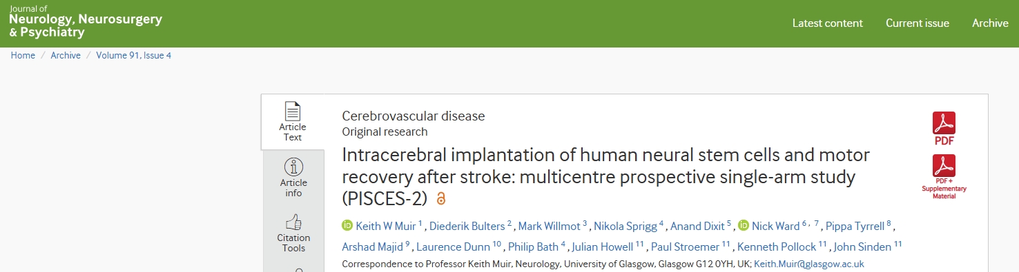 人類神經(jīng)干細(xì)胞腦內(nèi)植入與中風(fēng)后運(yùn)動恢復(fù)：多中心前瞻性單臂研究（PISCES-2）