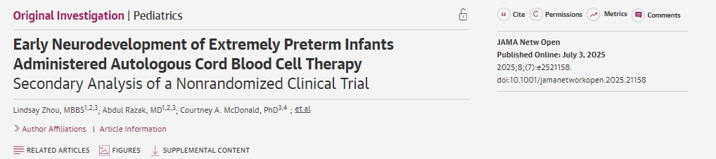 接受自體臍帶血細(xì)胞治療的極早產(chǎn)兒的早期神經(jīng)發(fā)育：非隨機(jī)臨床試驗(yàn)的二次分析