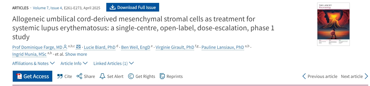 同種異體臍帶間充質(zhì)基質(zhì)細(xì)胞治療系統(tǒng)性紅斑狼瘡：一項(xiàng)單中心、開(kāi)放標(biāo)簽、劑量遞增、1期研究