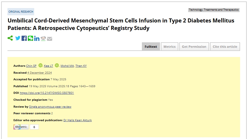 301名2型糖尿病患者干細(xì)胞治療新數(shù)據(jù)：顯著改善代謝、肝腎及炎癥