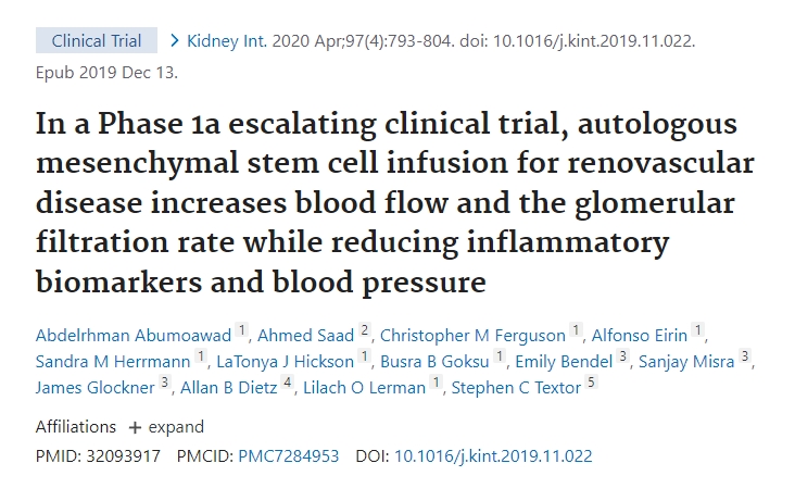 在Ia期升級臨床試驗(yàn)中，自體間充質(zhì)干細(xì)胞輸注治療腎血管疾病可增加血流量和腎小球?yàn)V過率，同時降低炎癥生物標(biāo)志物和血壓