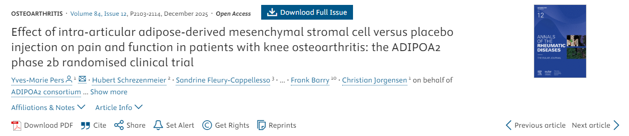 關(guān)節(jié)內(nèi)注射脂肪來源間充質(zhì)干細(xì)胞與安慰劑對膝骨關(guān)節(jié)炎患者疼痛和功能的影響：ADIPOA2 2b期隨機(jī)臨床試驗(yàn)