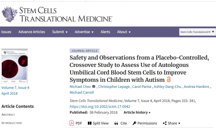 一項(xiàng)安慰劑對(duì)照交叉研究的安全性和觀察結(jié)果，旨在評(píng)估使用自體臍帶血干細(xì)胞改善自閉癥兒童癥狀的效果