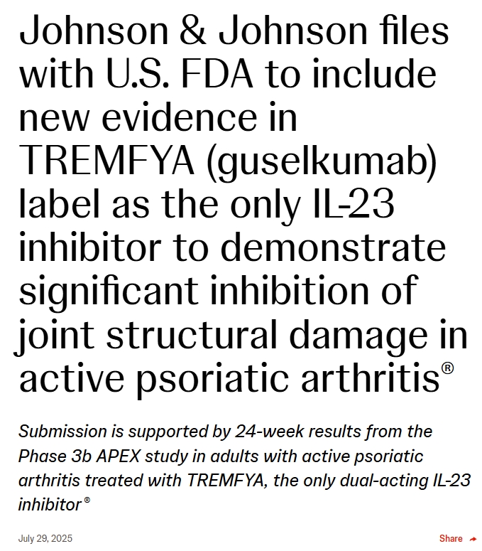 強(qiáng)生向美國(guó)FDA提交文件，將新證據(jù)納入TREMFYA (guelkumab)標(biāo)簽，作為唯一的兒-23抑制劑，以證明對(duì)活動(dòng)性銀屑病關(guān)節(jié)炎關(guān)節(jié)結(jié)構(gòu)損傷有顯著抑制作用。