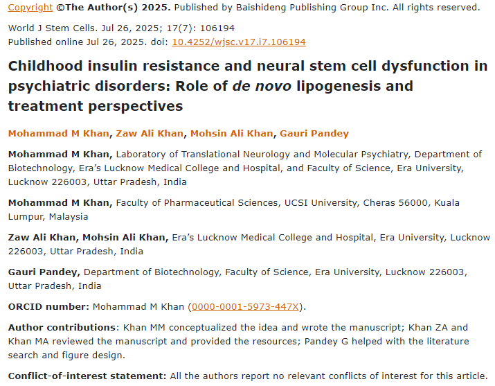 兒童胰島素抵抗和神經(jīng)干細(xì)胞功能障礙在精神疾病中的作用：從頭脂肪生成和治療前景