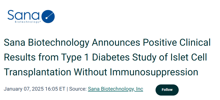 Sana Biotechnology宣布1型糖尿病患者無免疫抑制胰島細(xì)胞移植研究取得積極臨床結(jié)果