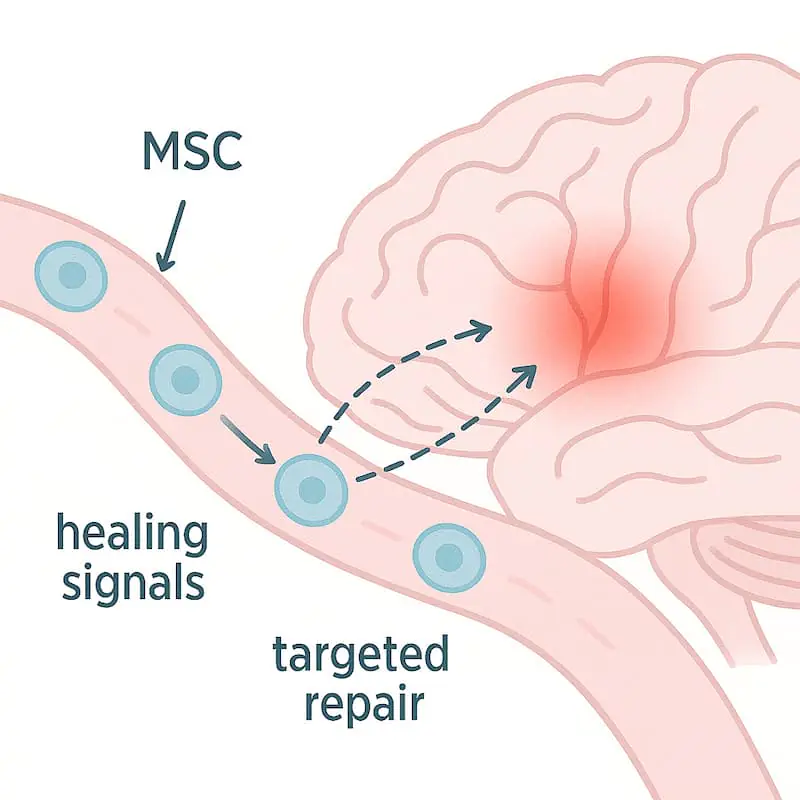 MSCs在血液中循環(huán)，并通過(guò)生物活性分子向細(xì)胞發(fā)送信號(hào)。這觸發(fā)了個(gè)體自身干細(xì)胞的激活過(guò)程，從而緩解炎癥并加速神經(jīng)系統(tǒng)內(nèi)的生理過(guò)程。