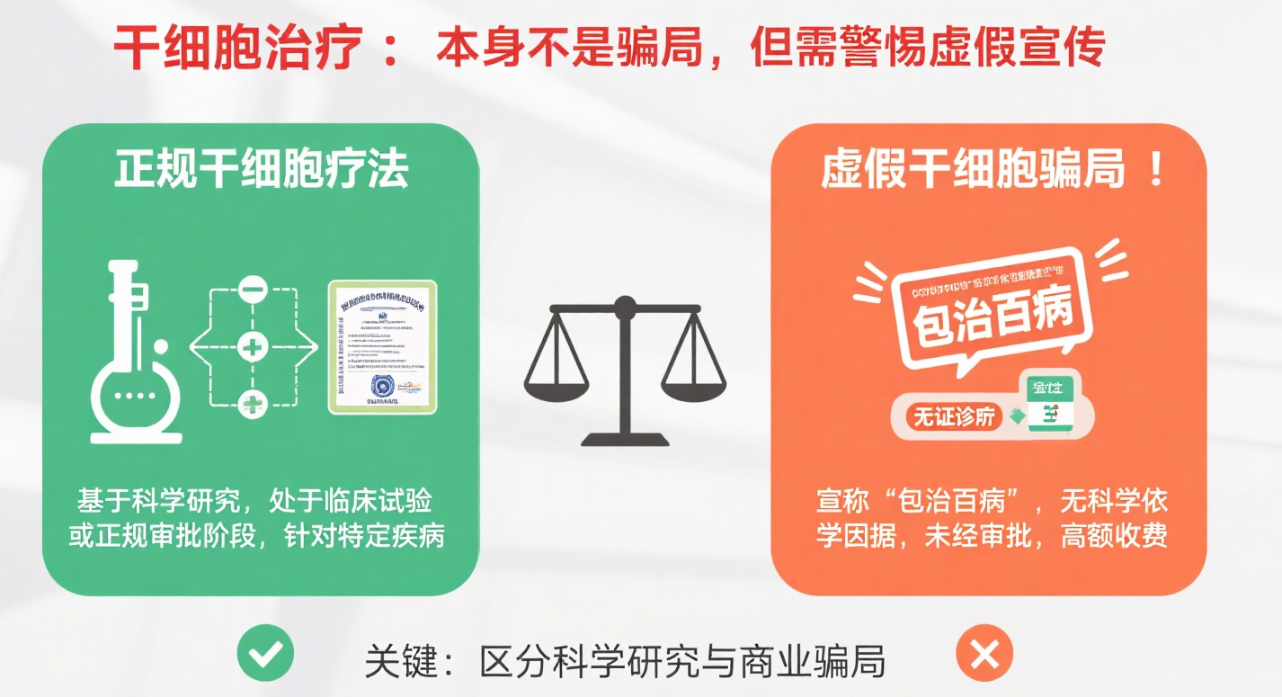 干細(xì)胞療法本身不是騙局，但市面上很多打著干細(xì)胞旗號的治療可能是騙局。