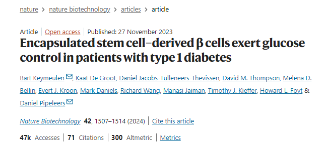 封裝的干細胞衍生的β細胞對1型糖尿病患者發(fā)揮血糖控制作用