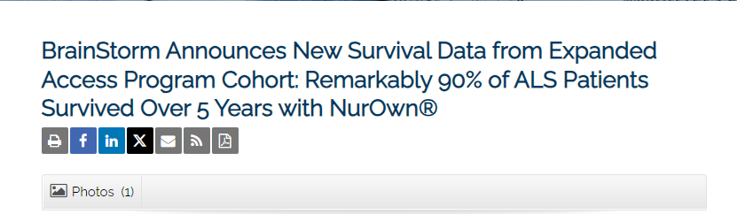 BrainStorm 公布擴展訪問計劃隊列的最新生存數(shù)據(jù)：90% 的 ALS 患者使用 NurOwn? 后存活超過 5 年
