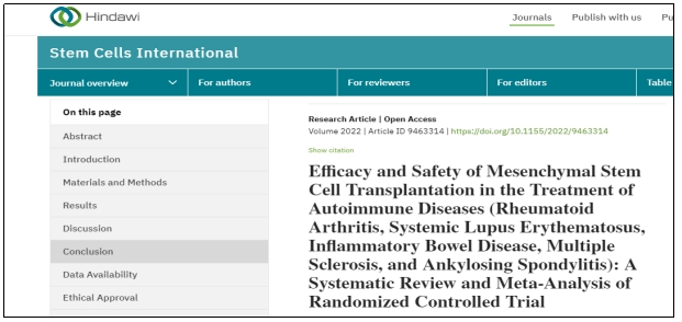 間充質(zhì)干細胞移植治療自身免疫性疾?。愶L濕關(guān)節(jié)炎、系統(tǒng)性紅斑狼瘡、炎癥性腸病、多發(fā)性硬化癥和強直性脊柱炎）的療效和安全性：隨機對照試驗的系統(tǒng)綜述和薈萃分析