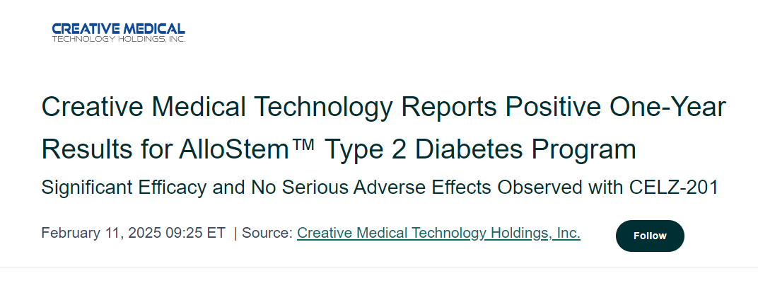 創(chuàng)新醫(yī)療技術(shù)公司報告AlloStem? 2型糖尿病項目一年來取得積極成果
CELZ-201 療效顯著，未觀察到嚴重不良反應
