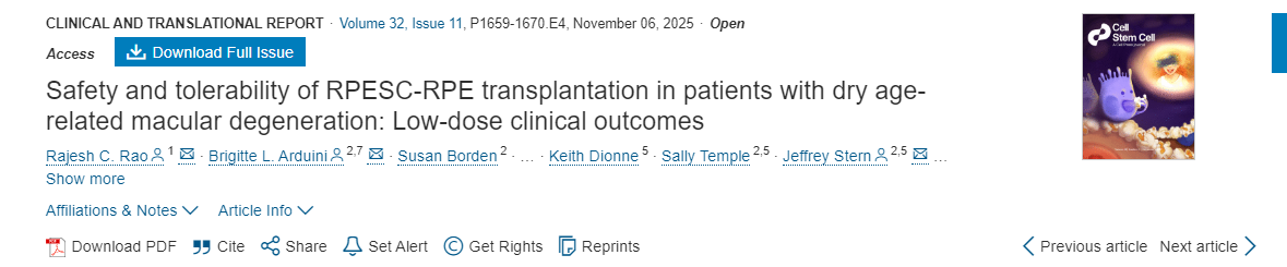 RPESC-RPE移植治療干性年齡相關性黃斑變性患者的安全性和耐受性：低劑量臨床結果