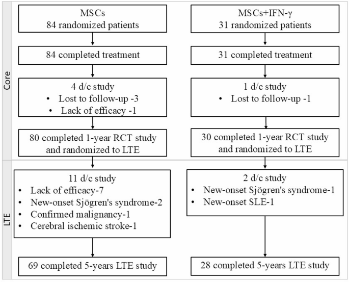 圖1：患者處置。IFN-γ，干擾素γ；LTE，長期擴展；MSCs，間充質(zhì)干細胞；RCT，隨機對照臨床試驗；SLE，系統(tǒng)性紅斑狼瘡