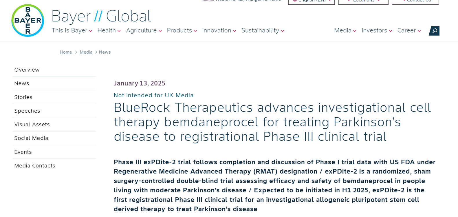 BlueRockTherapeutics推進(jìn)其在研細(xì)胞療法bemdaneprocel用于治療帕金森病進(jìn)入注冊川期臨床試驗(yàn)階段