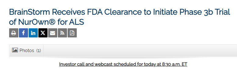 BrainStorm公司獲得FDA批準(zhǔn)，啟動NurOwn?治療ALS的3b期臨床試驗