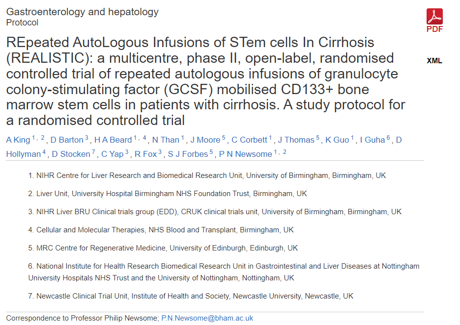 REALISTIC（重復(fù)自體干細(xì)胞輸注治療肝硬化）：一項多中心、II期、開放標(biāo)簽、隨機(jī)對照試驗