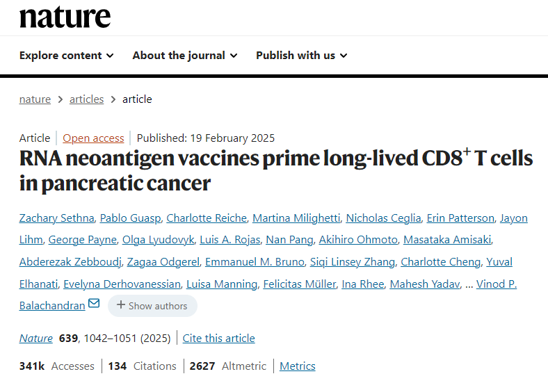 RNA新抗原疫苗可激活胰腺癌中的長(zhǎng)壽命CD8 + T細(xì)胞