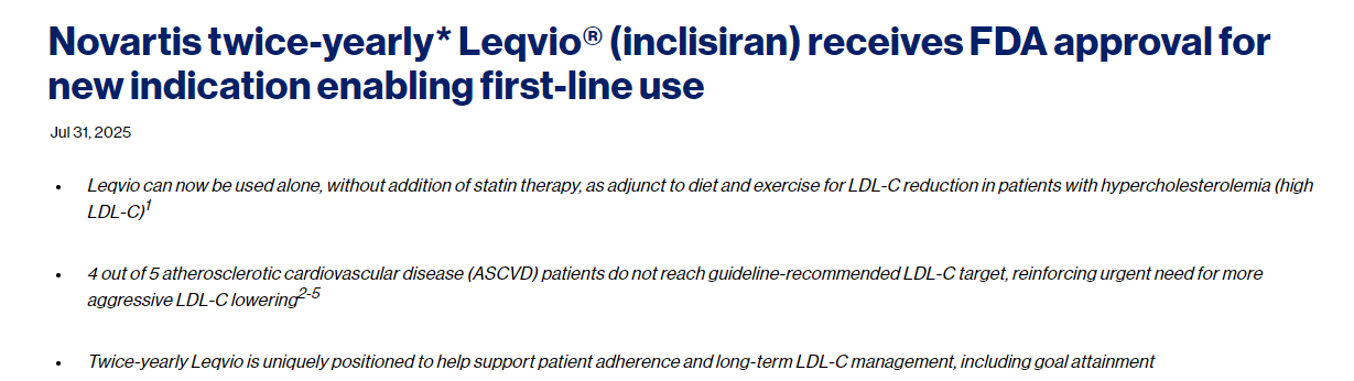 諾華公司每半年*推出的 Leqvio?（inclisiran）獲得 FDA 批準(zhǔn)，用于新的適應(yīng)癥，使其成為一線治療藥物。