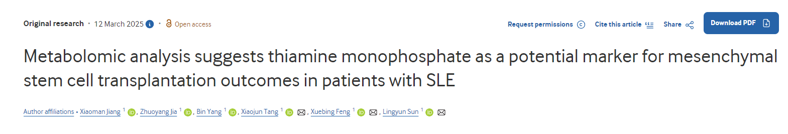 代謝組學(xué)分析表明，硫胺素單磷酸酯可能是系統(tǒng)性紅斑狼瘡（SLE）患者間充質(zhì)干細(xì)胞移植療效的潛在標(biāo)志物。